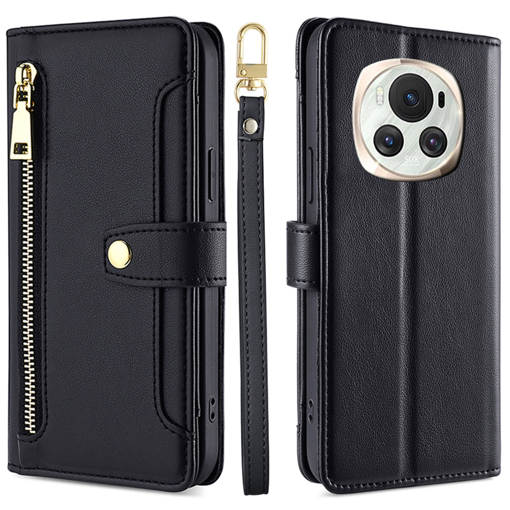 For Honor Magic6 5G Zipper Pocket Wallet Case Card Holder Leather Phone Cover with 2 Straps For Honor Magic6 5G Zipper Pocket Wallet Case Card Holder Leather Phone Cover with 2 Straps